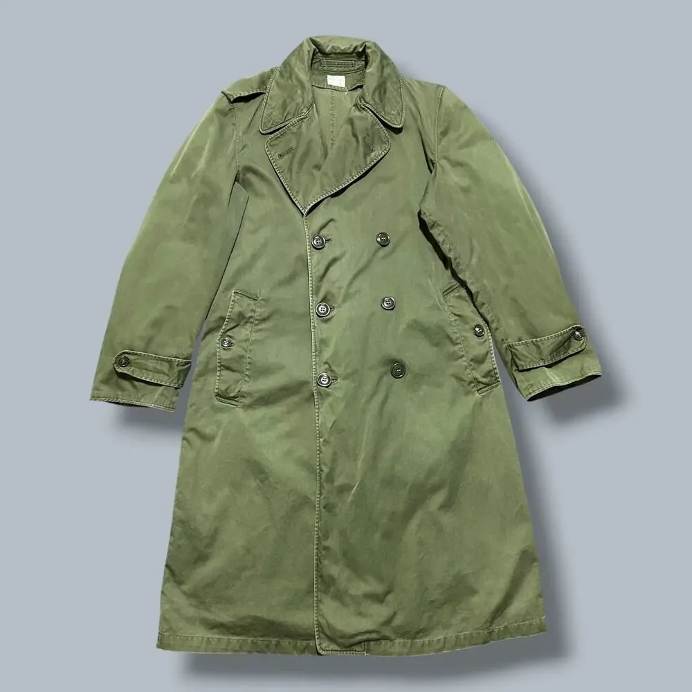 Vintage 60s Military Jacket Army Green Trench Coat Olive Canvas US Army Overcoat